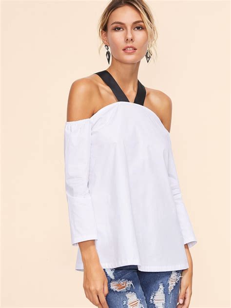 White Contrast Strap Cold Shoulder Top EmmaCloth Women Fast Fashion Online