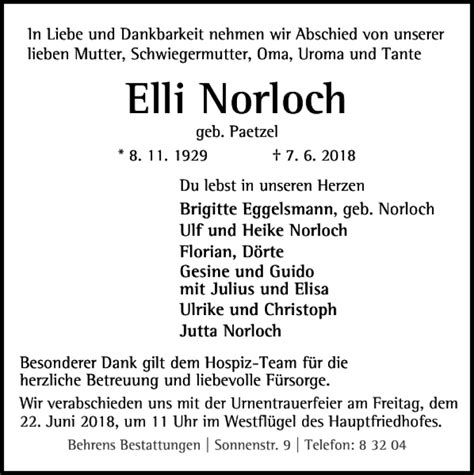 Traueranzeigen Von Elli Norloch Trauer De