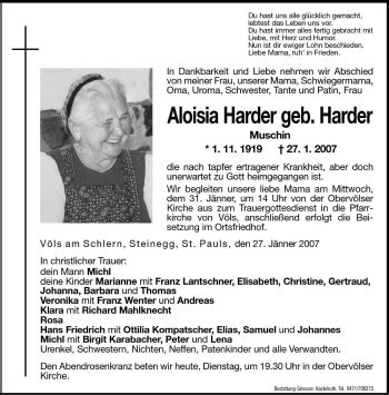 Traueranzeigen Von Aloisia Harder Trauer Bz