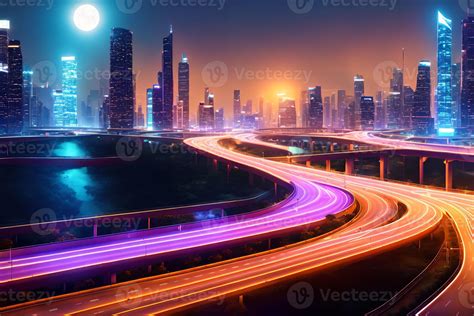 Futuristic Modern Future City With Highway Road At Night Generative