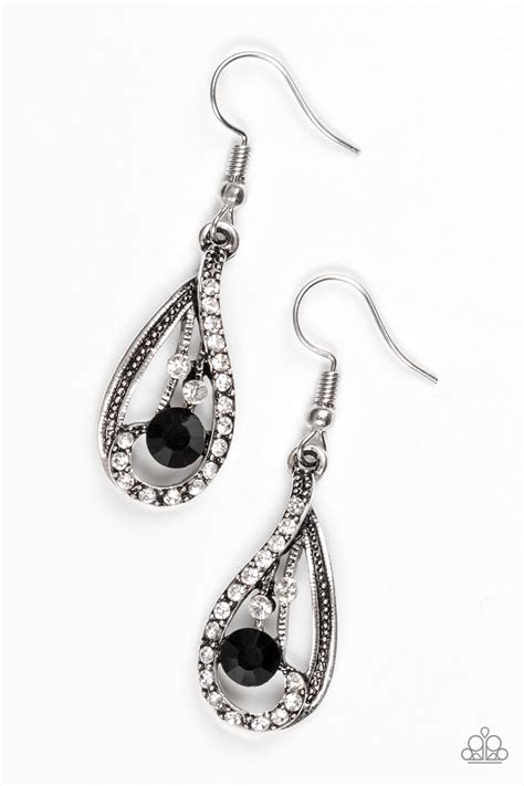 Paparazzi All For Show Black And White Rhinestone Silver Teardrop Hoop