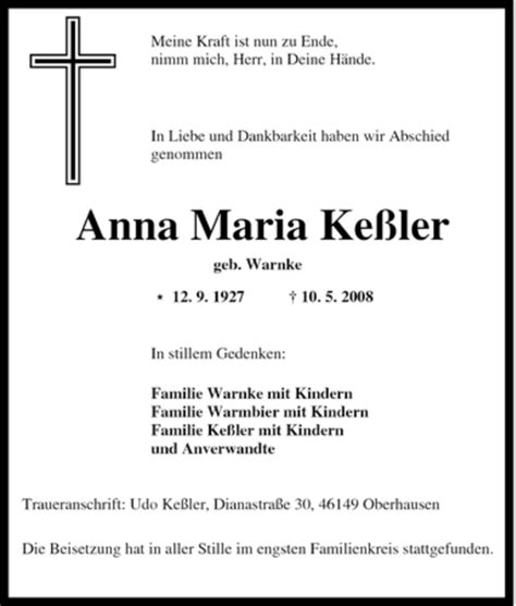 Traueranzeigen von Anna Maria Keßler Trauer in NRW de