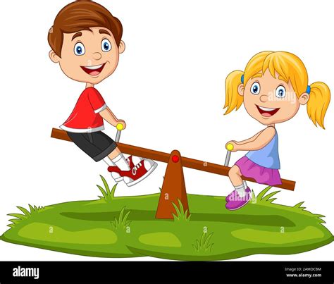 Cartoon Kids Playing On Seesaw In The Park Stock Vector Image And Art Alamy