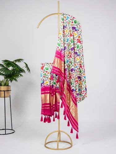 White Color Digital Printed Pure Gaji Silk Dupatta With Tassels At Rs