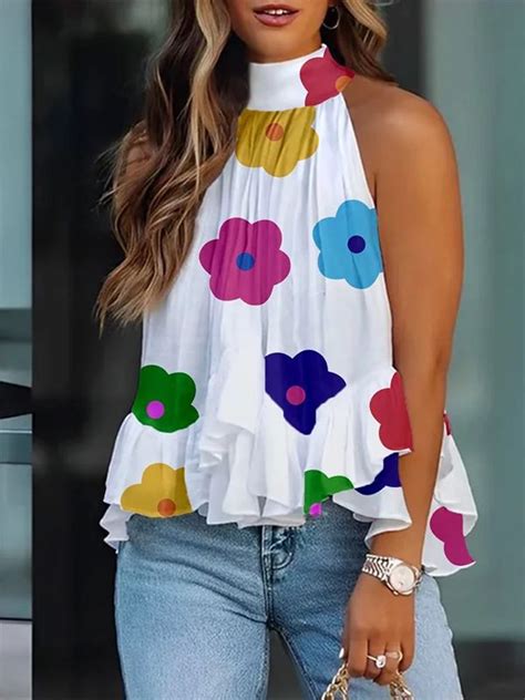 Loose Sleeveless Falbala Floral Printed Stand Collar Vest Top Stand