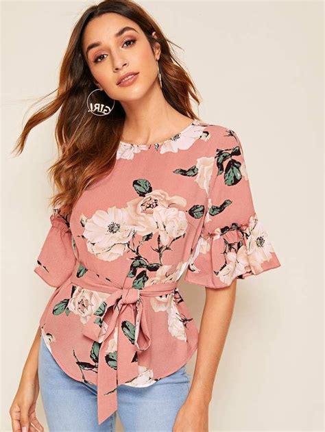 SHEIN Floral Print Flounce Sleeve Belted Top Flounce Sleeve Blouses