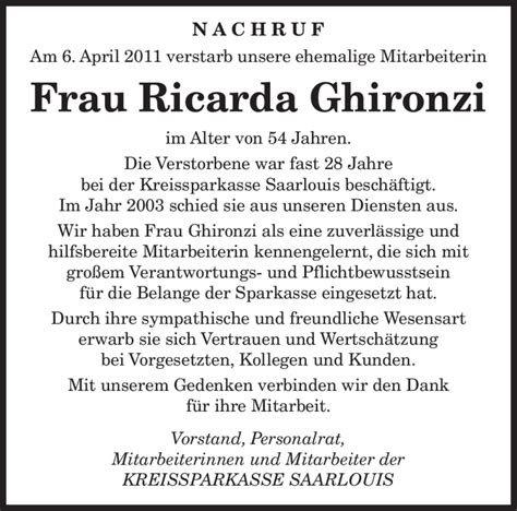 Traueranzeigen Von Ricarda Ghironzi Saarbruecker Zeitung Trauer De