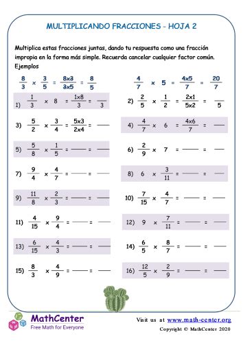 Multiplicando Fracciones Hoja 2 Hojas De Trabajo Math Center