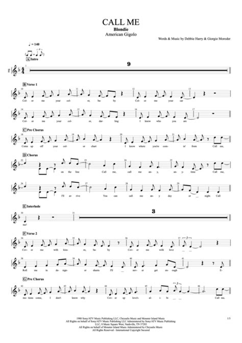 Call Me Tab By Blondie Guitar Pro Full Score Mysongbook