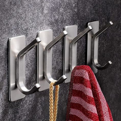 YIGII Adhesive Hooks 4 Packs Towel Hook Stainless Steel Coat Hook For