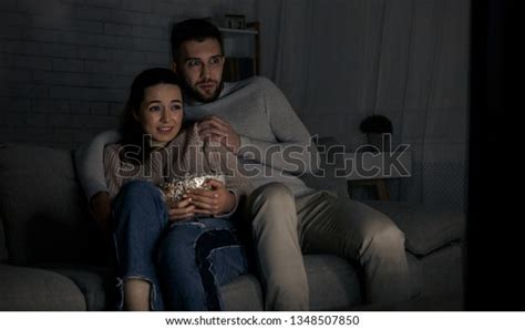 Scared Couple Watching Horror Film Late Stock Photo (Edit Now) 1348507850