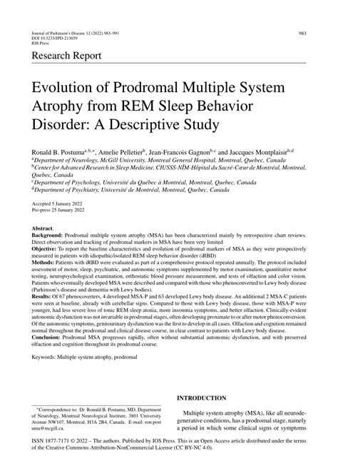 Pdf Evolution Of Prodromal Multiple System Atrophy From Rem Sleep