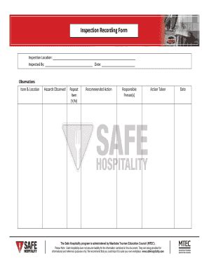 Fillable Online Inspection Recording Form Safehospitalitycom Fax