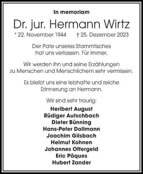 Traueranzeigen Von Hermann Wirtz Aachen Gedenkt