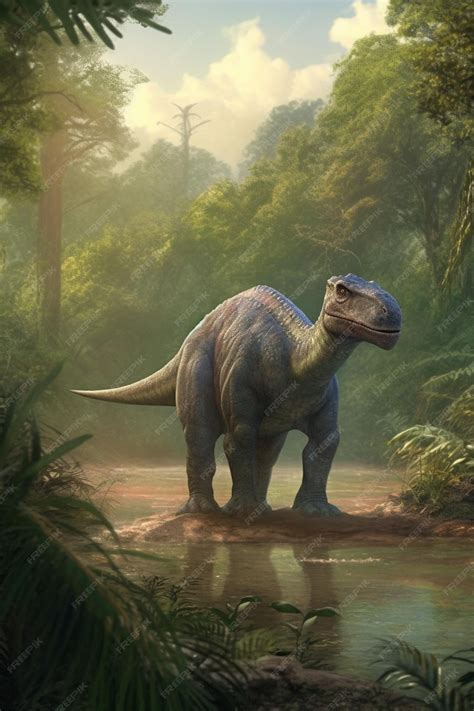 Ilustración Realista De Un Iguanodón Vagando Por El Prístino Paisaje Prehistórico Generado Por