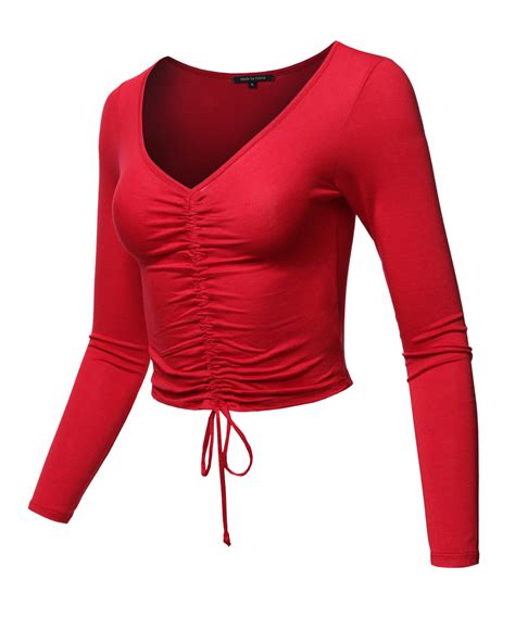 Womens Causal Cute Sexy Solid Ruched Tie Front Drawstring Long Sleeve Crop Top