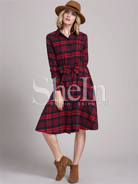 Red Long Sleeve Informal Lapel Grid Plaid Dress Shein Sheinside