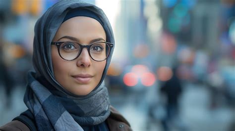 Beautiful Young Muslim Woman Wearing Glasses And Hijab Premium Ai