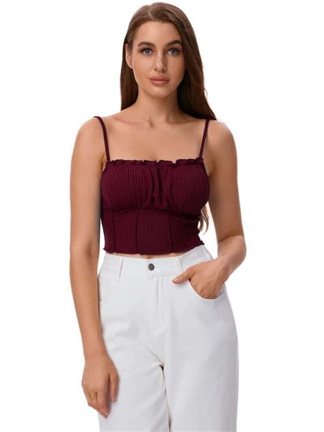 SHEIN EZwear Frill Trim Ruched Front Rib Knit Cami Top SHEIN UK