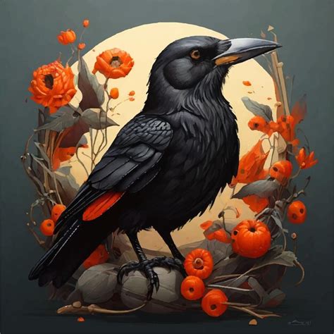 Premium Vector Black Crow Illustration With Flower And Moon