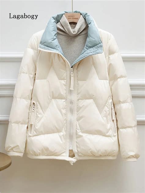 Lagabogy New Winter Short Womens Light Puffer Jacket White Duck