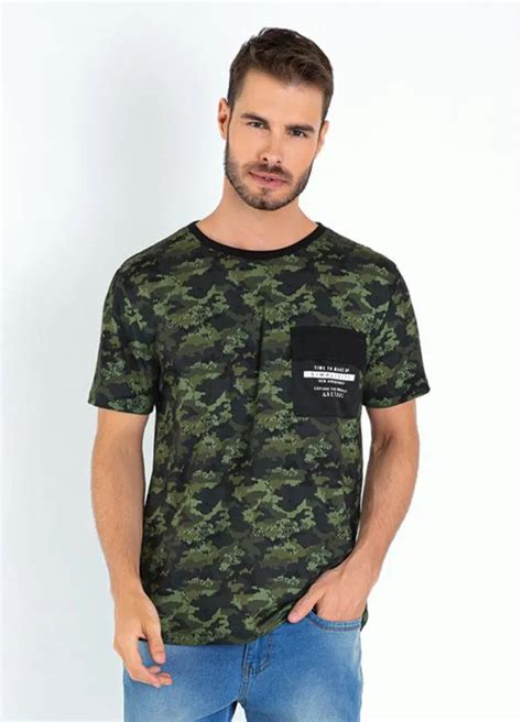 Camiseta Camuflada Verde Bolso Queima De Estoque