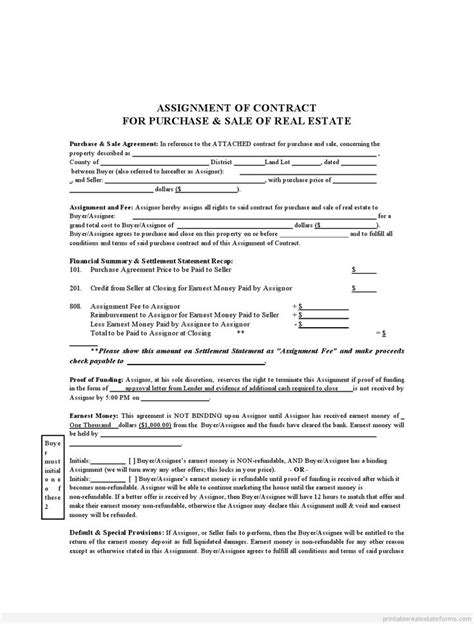 FREE ASSIGNMENT OF CONTRACT FORM Printable Real Estate Forms Real