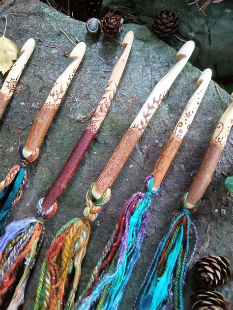 Hand Carved Crochet Hook Wooden Handmade Spiral Ferns Forest Wild