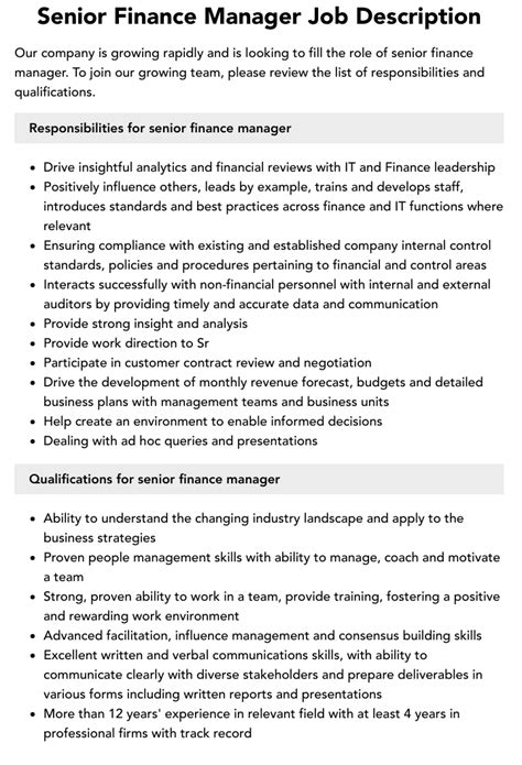 Senior Finance Manager Job Description Velvet Jobs