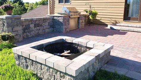 square firepit, firewood, patio wall, paver patio, bbq grill, Fire Pits / Fireplaces, Outdoor ...