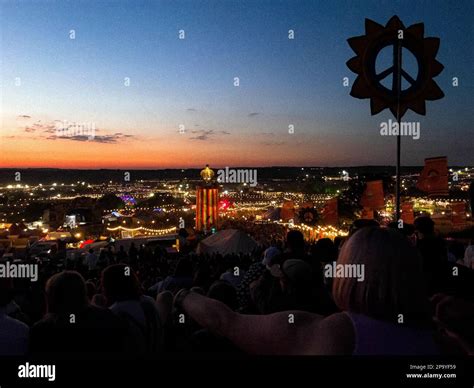 Sunset View Of Glastonbury Festival 2022 Looking From The Park Stock