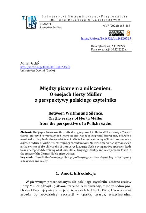 PDF Między pisaniem a milczeniem O esejach Herty Müller z