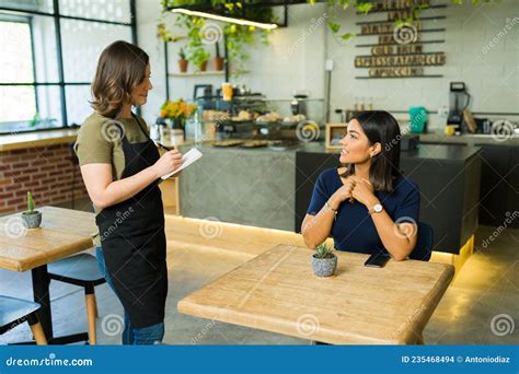 Hispanic Woman Ordering Lunch Stock Photo Image Of Drink Friends