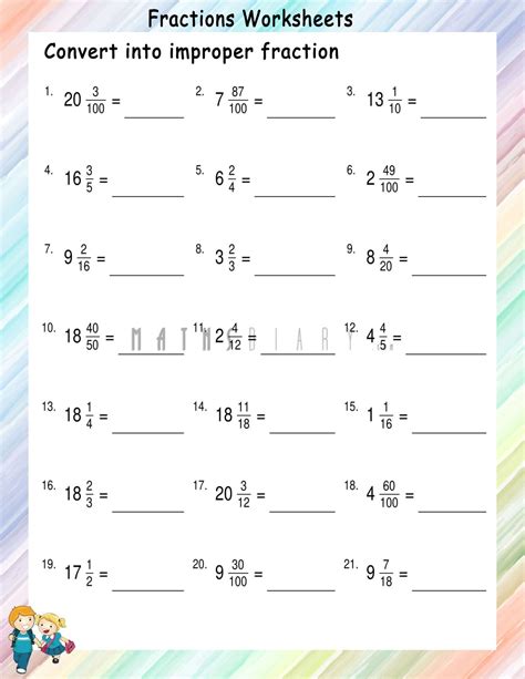 Conversion Of Mixed Numbers To Improper Fractions Worksheets Math