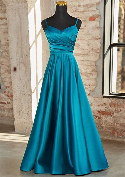 A Line V Neck Sleeveless Floor Length Satin Prom Dress With Pleated