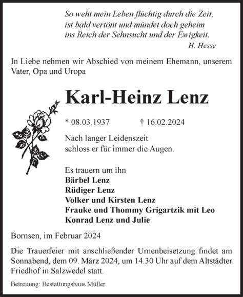 Traueranzeigen Von Karl Heinz Lenz Abschied Nehmen De