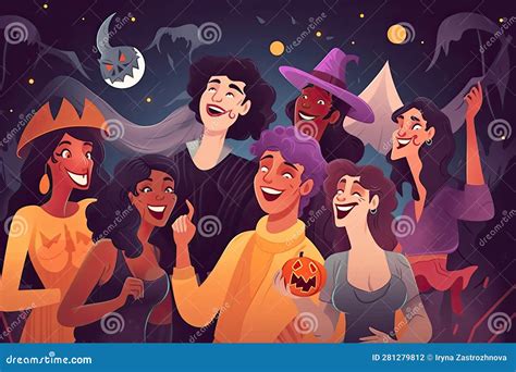 Illustration of a Group of Friends in Costumes Celebrating Halloween ...