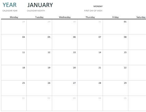 Printable One Month Calendar