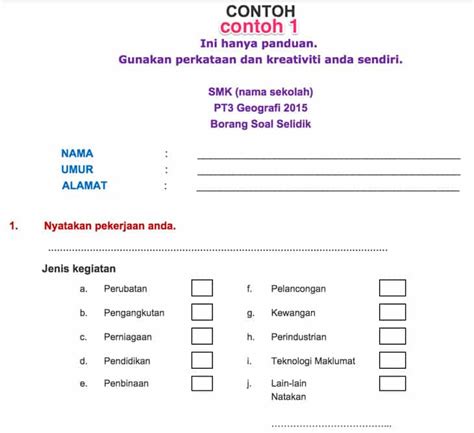 Contoh Borang Soal Selidik Geografi Tingkatan 1 Sisa Domestik Contoh Borang Soal Selidik