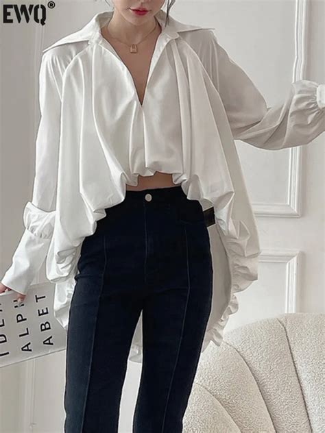 EWQ White Casual Irregular Hem Shirt For Women V Neck Bat Sleeve Solid