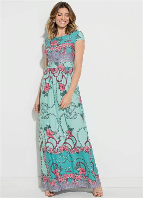 Vestido Longo Floral Turquesa Manguinhas Quintess