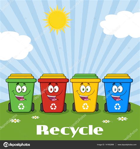 Four Color Recycle Bins Cartoon ⬇ Vector Image by © HitToon | Vector ...