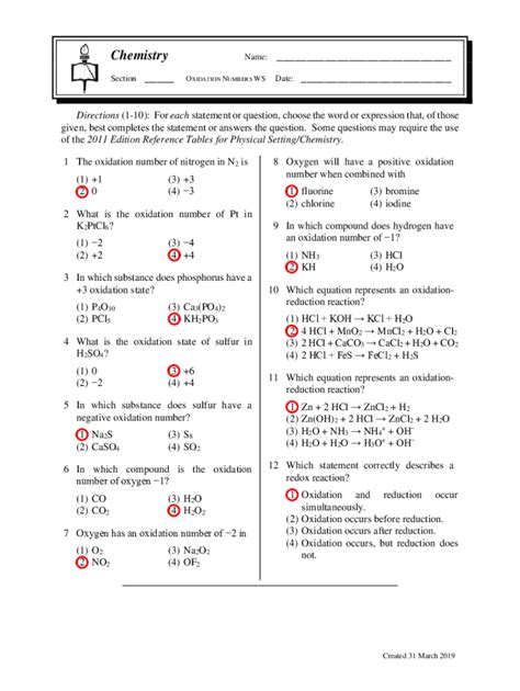 Fillable Online Oxidation Numbers Answer Key Chemistry Regents Fax