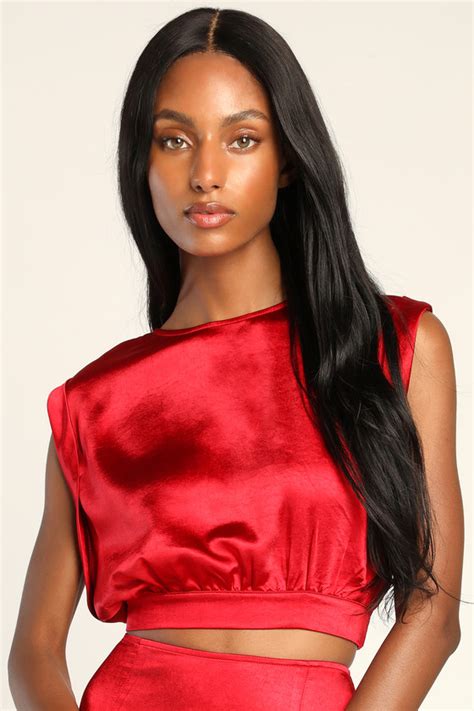 Red Satin Top Blouson Satin Top Cap Sleeve Top Crop Top Lulus