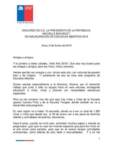 Discurso De Michelle Bachelet En Inauguraci N De Escuelas Abiertas