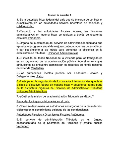 Examen De La Unidad Primera Evaluaci N De Derecho Fiscal Examen