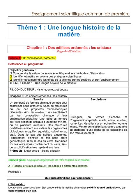 Chapitre 1 Organisation globale de la matière Enseignement