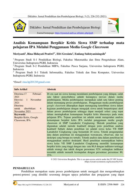 Pdf Analisis Kemampuan Berpikir Kritis Siswa Smp Terhadap Mata Pelajaran Ipa Melalui