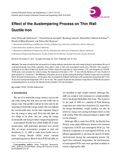 (PDF) Effect of the Austempering Process on Thin Wall Ductile Iron