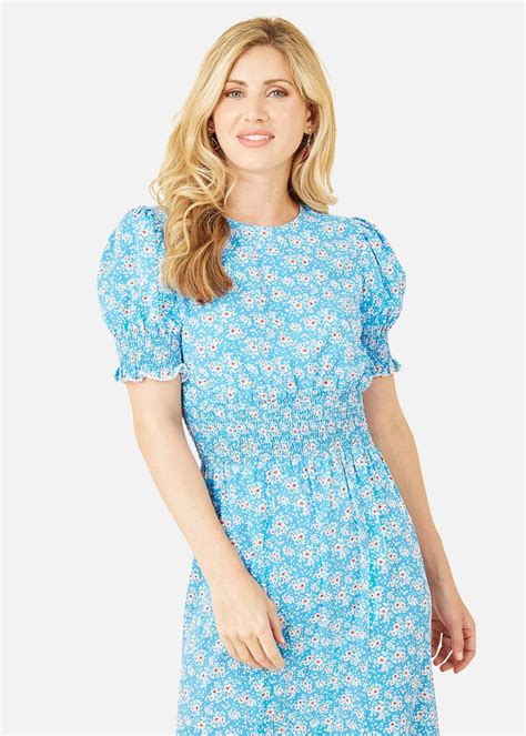 Mela Blue Floral Print Shirred Waist Midi Dress Matalan